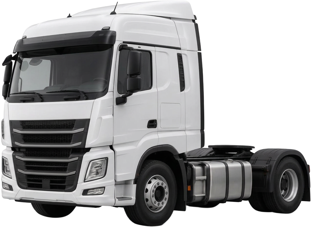 Silver heavy commercial truck tractor unit in front three-quarter view