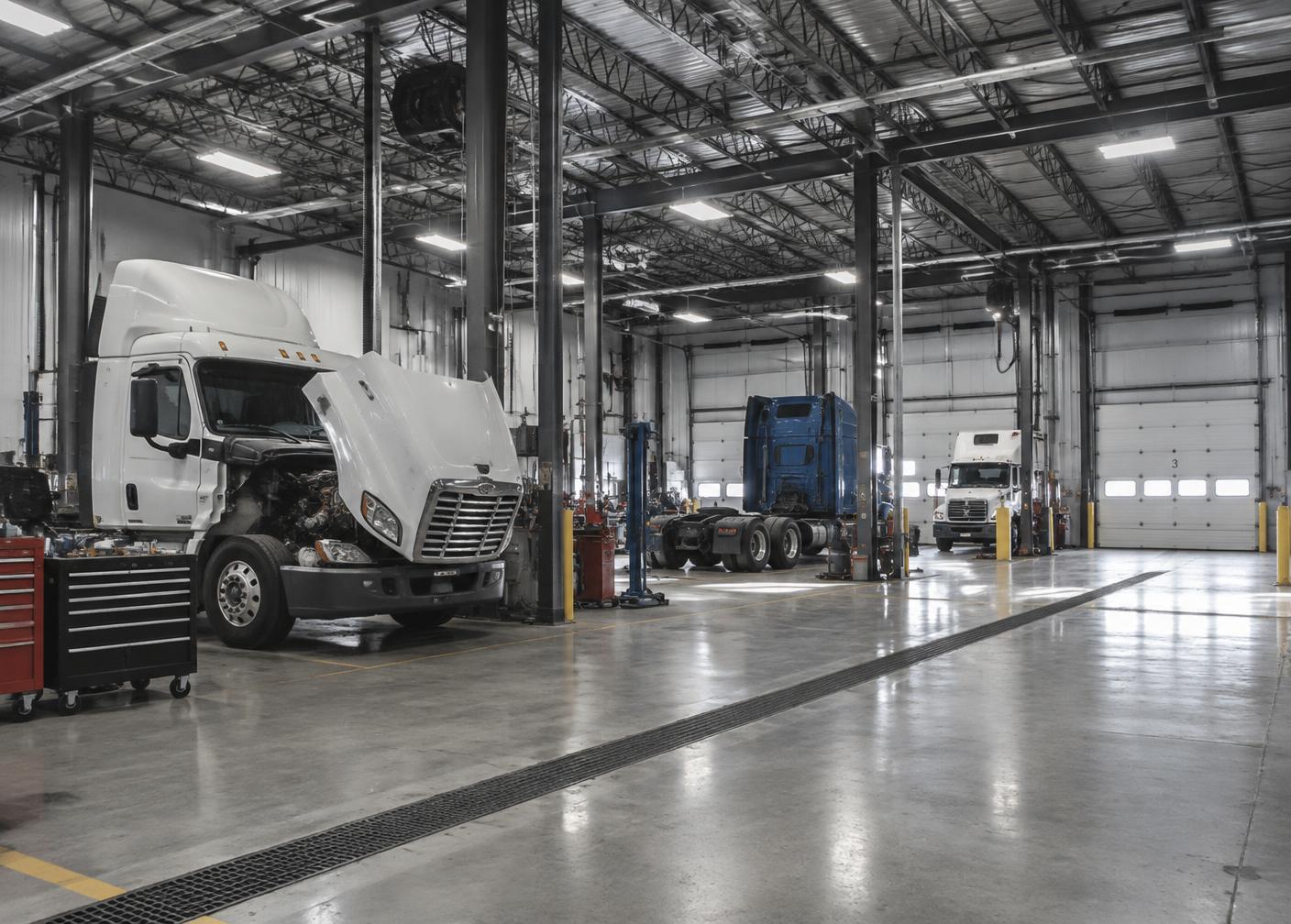 Interior of a heavy vehicle repair workshop with trucks in service bays